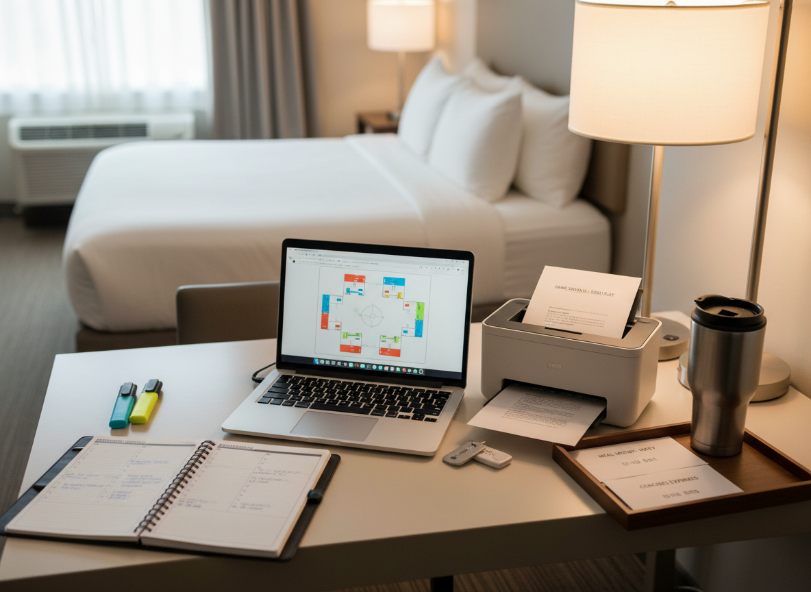 A tidy hotel room desk transformed into a youth sports tournament planning station, featuring a sleek open laptop with a bracket graphic on screen, a spiral-bound planner opened to a weekend schedule, highlighters arranged in a straight line, and a compact travel printer with a freshly printed game schedule sheet emerging. Beside the tech, a stainless-steel travel mug and a small, organized tray with room keys and labeled envelopes for meal money. Warm but neutral hotel lamp lighting creates a softly lit, professional atmosphere. Photographic realism, captured from a slightly elevated three-quarter angle, with a balanced composition that feels efficient, calm, and in control amid tournament chaos.
