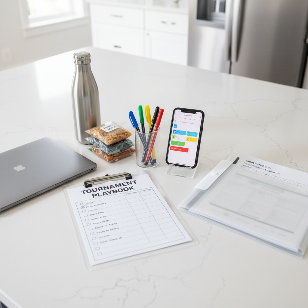 A minimalist white kitchen counter laid out as a tournament weekend command center, featuring a laminated checklist on a clipboard, color-coded pens, a smartphone displaying a shared calendar, and a clear plastic folder filled with printed game schedules and hotel confirmations. A compact, closed silver laptop sits nearby beside a stainless-steel insulated water bottle and a small stack of labeled snack bags. Clean, overcast daylight streams through an off-frame window, creating even, shadowless illumination. Photographic realism, eye-level composition with a slightly wide frame, emphasizing order, clarity, and professional systems for youth sports travel, with a calm and focused atmosphere.