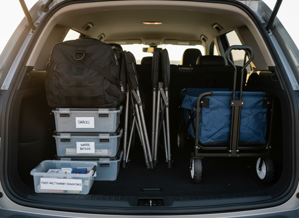 A well-organized car trunk with a dark, clean interior, packed with a large rolling sports bag, neatly stacked labeled plastic bins for snacks and gear, a compact foldable wagon, and two camp chairs in their slim carrying sleeves. A small clear bin for first-aid and tournament essentials sits prominently at the front for easy access. Late afternoon natural light spills in from the open trunk, highlighting textures of nylon, plastic, and metal while casting soft, directional shadows. Photographic realism, shot from just outside the trunk at waist height, with sharp focus throughout the scene, communicating preparedness, practicality, and streamlined youth sports travel.